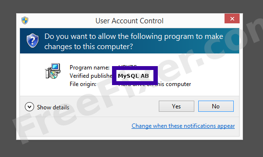 Screenshot where MySQL AB appears as the verified publisher in the UAC dialog